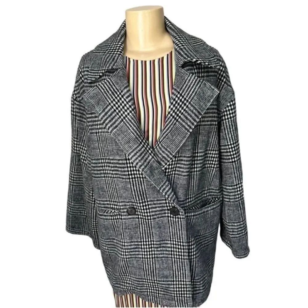 Avec Les Filles Windowpane plaid heavyweight black white Coat small
